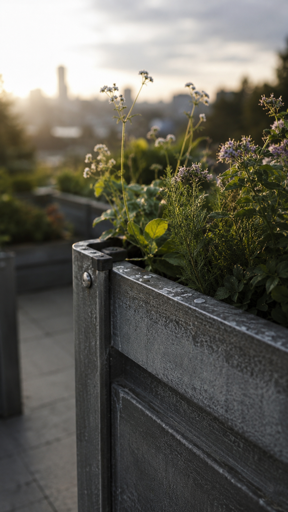 Galvanized steel planter modules on a rooftop at golden hour, planted with flowering herbs and native perennials, city skyline softened behind.