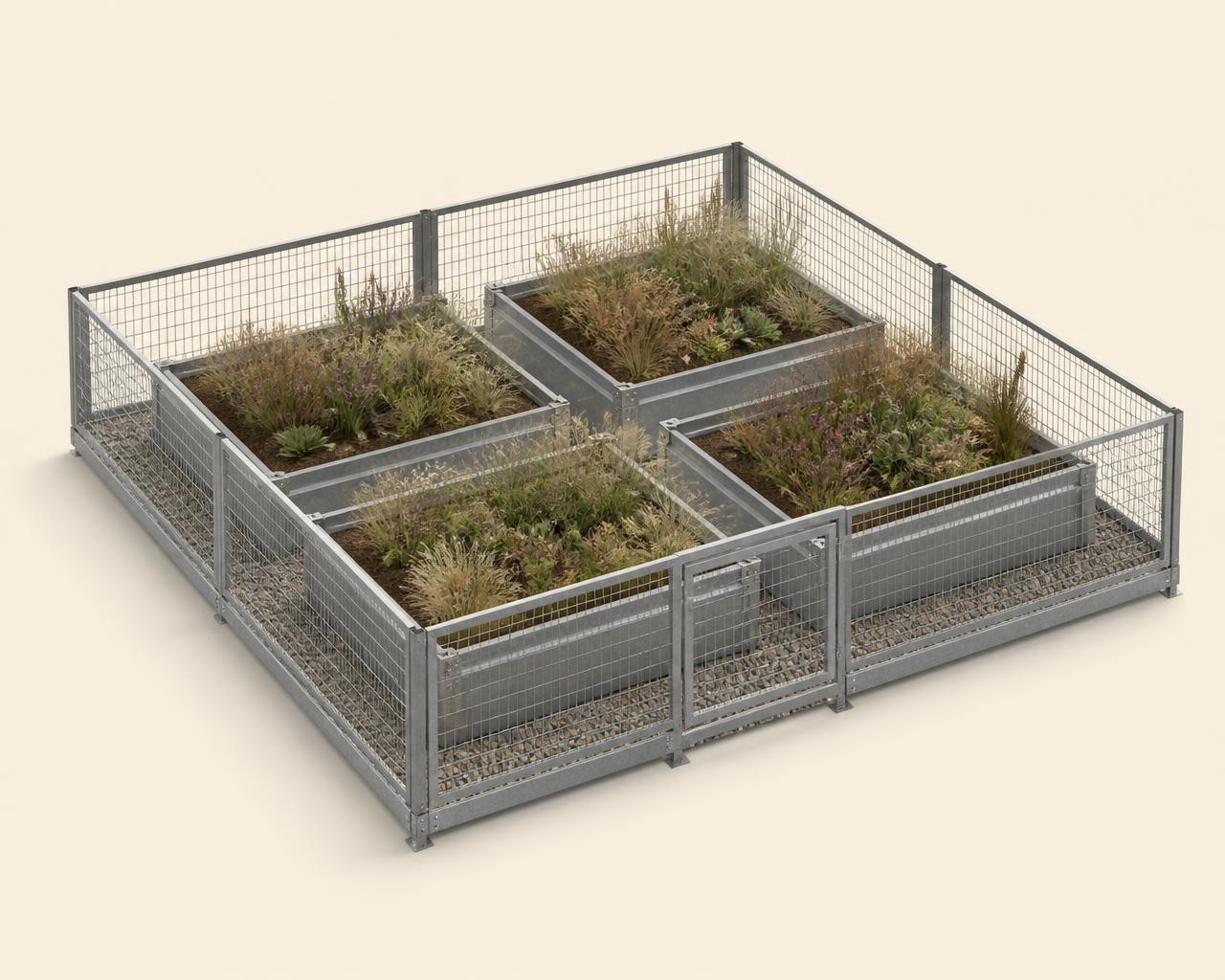 Modular civic stewardship system: four galvanized steel planting modules in a square grid with a low perimeter frame and access gate.