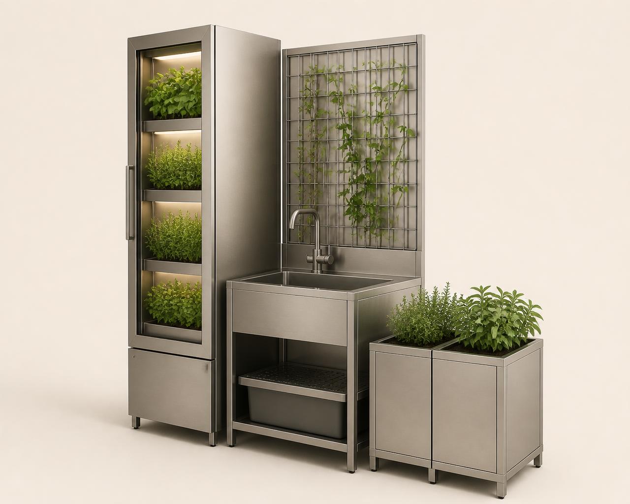 Hospitality stewardship system: stainless herb cultivation cabinet, harvest wash point, and compact planter modules.