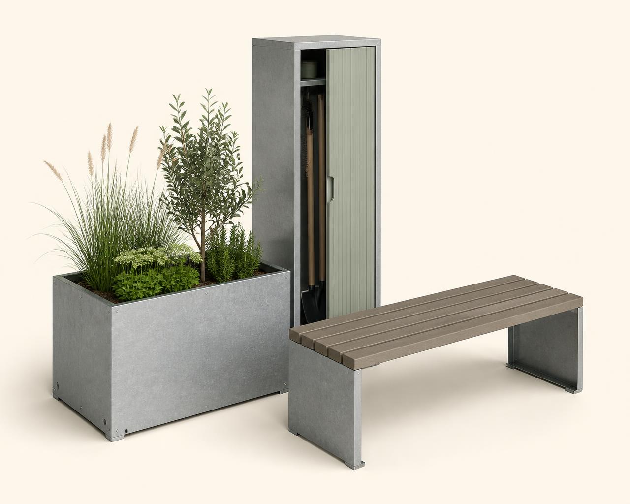 Pocket-space stewardship system: a single galvanized planter module, slim tool locker, and bench.