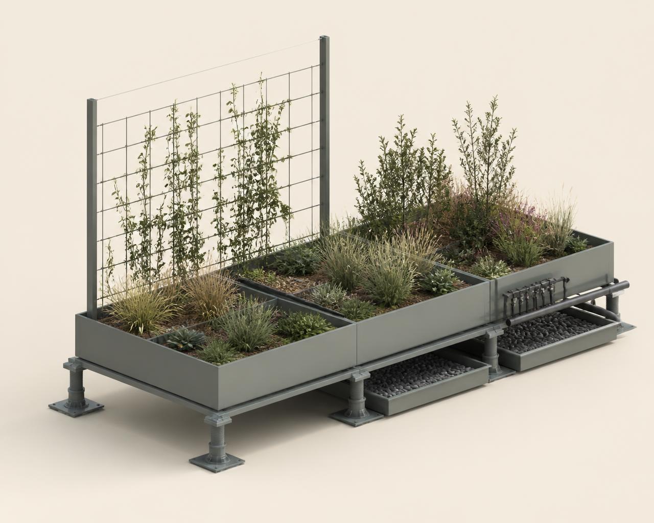 Rooftop stewardship system: low-profile steel planter modules on adjustable pedestals with ballast trays, trellis panel, and irrigation manifold.